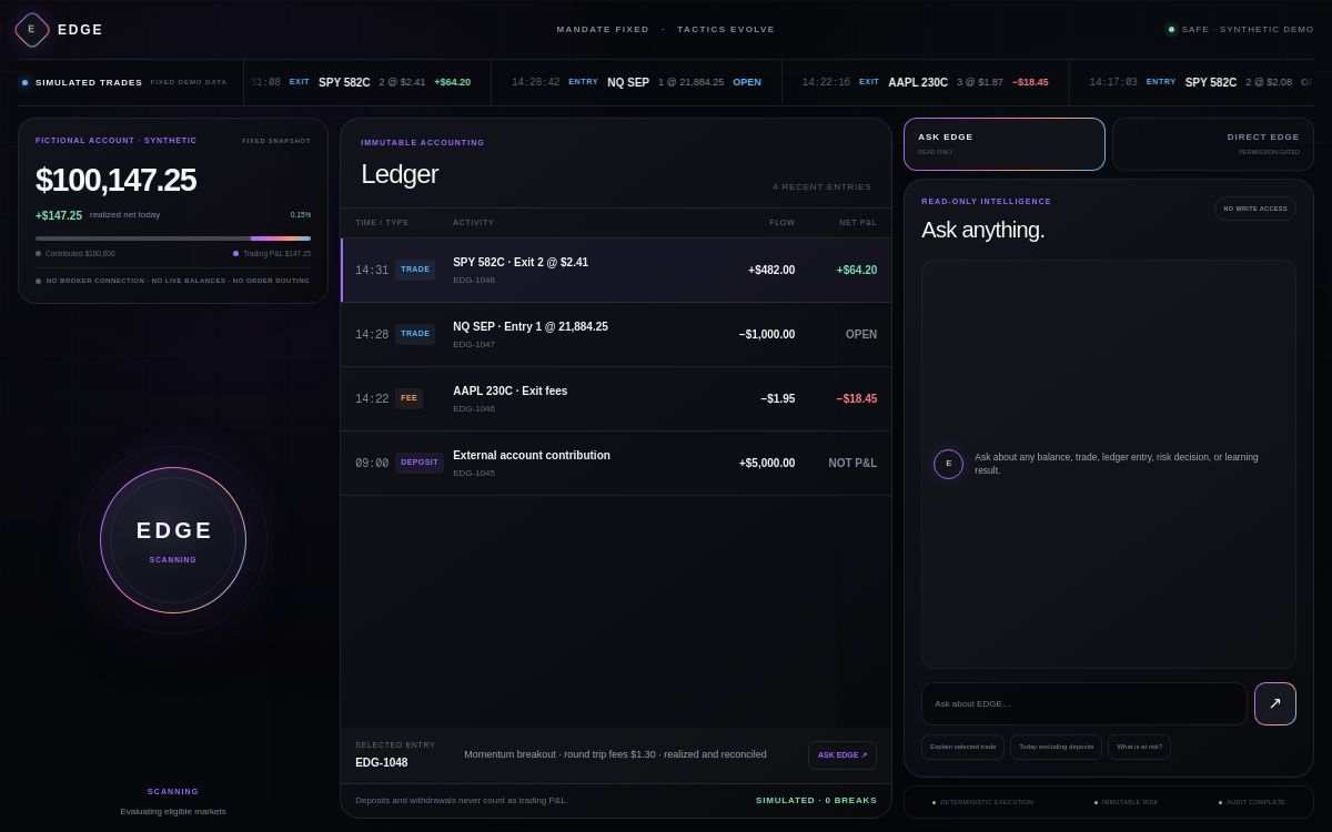 EDGE Trading paper-trading interface showing account balance, trade tape, immutable ledger, reconciliation, and Ask Edge intelligence